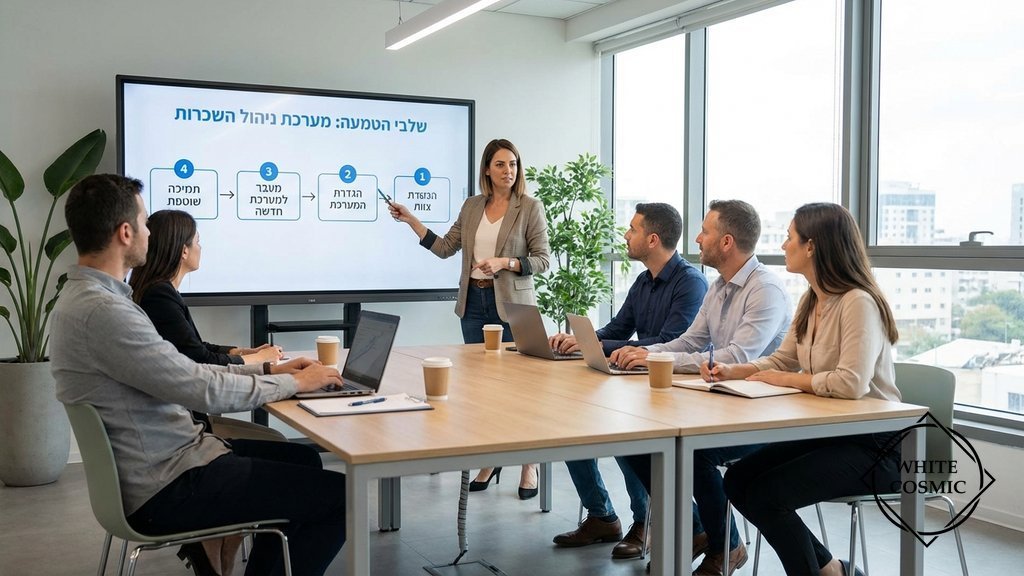 נוצר על ידי מודל בינה מלאכותית Gemini Pro צוות עובדים במשרד לומד להשתמש במערכת הניהול החדשה על גבי מסך גדול