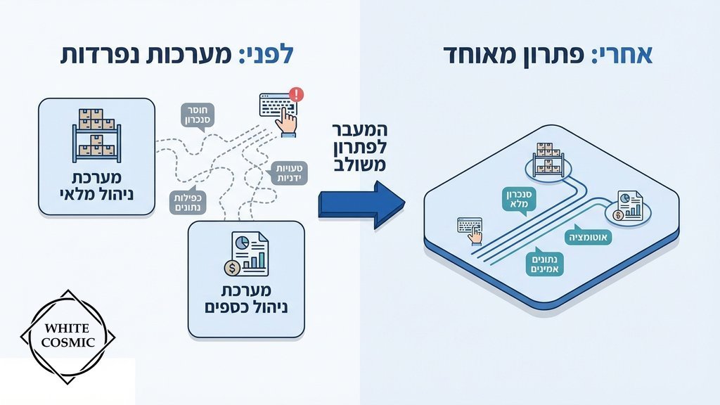 תרשים המציג נתונים מפוזרים בין מערכות לוגיסטיות ופיננסיות נפרדות