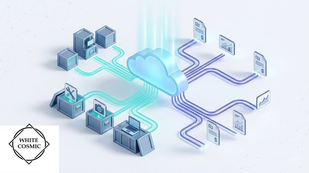 אייקון של סנכרון ענן המחבר בין קופסאות מלאי למסמכי חשבוניות